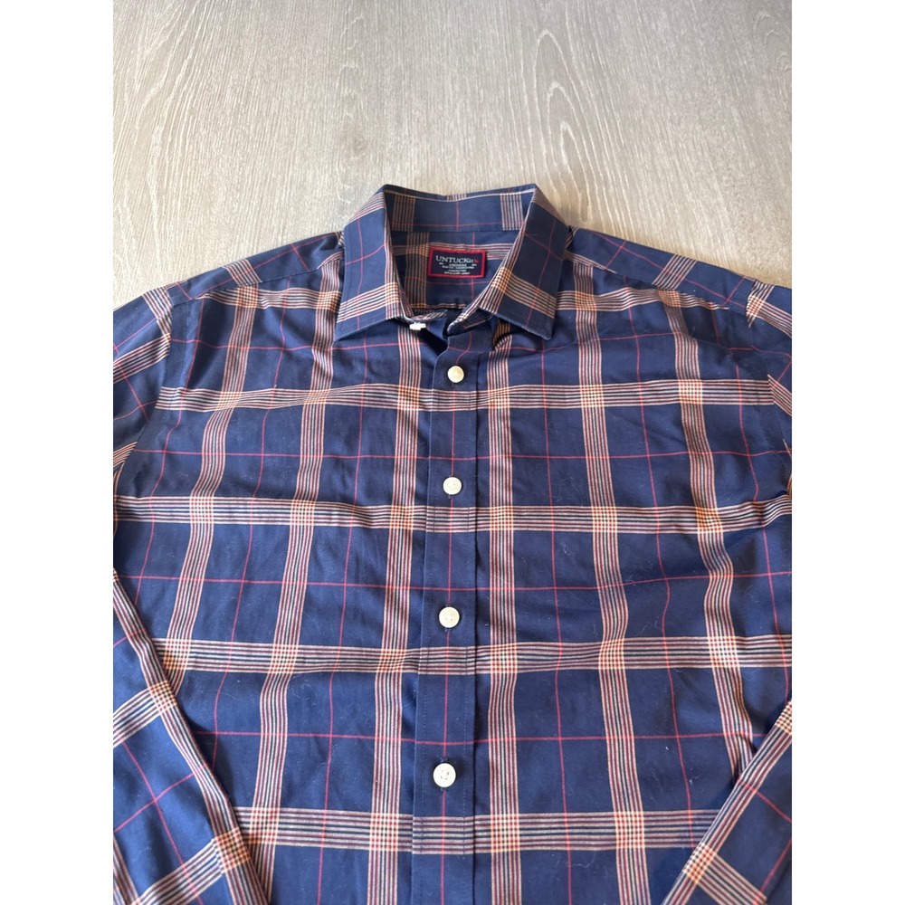 UNTUCKit Mens Medium Slim Fit Wrinkle Free Cotton Plaid Button Down Shirt Navy